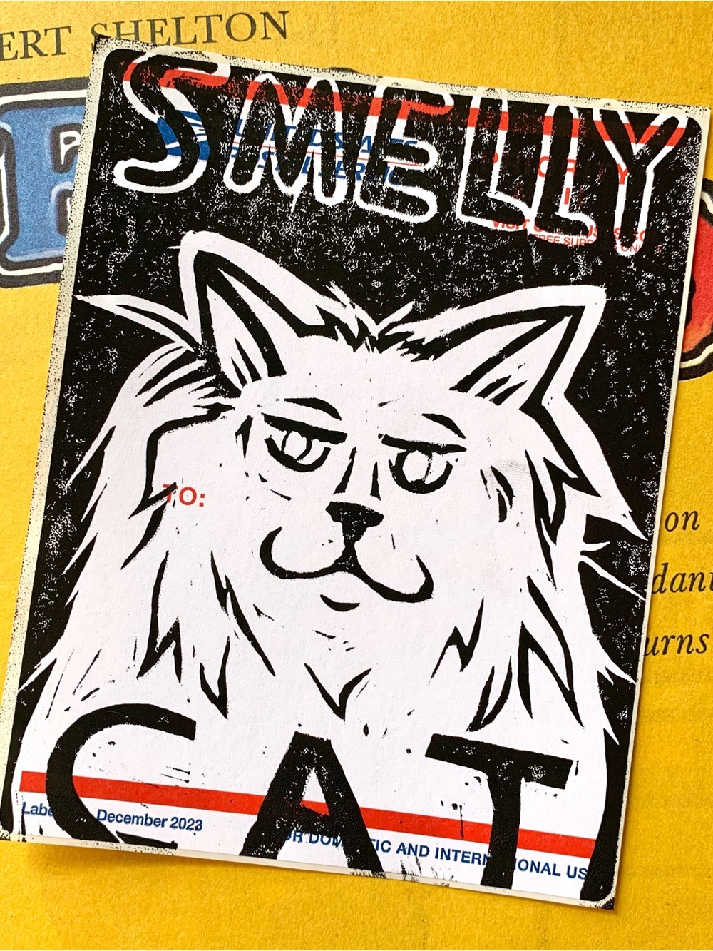 Smelly Cat Friends Original Art Linocut Block Print on USPS 228 Slap Sticker